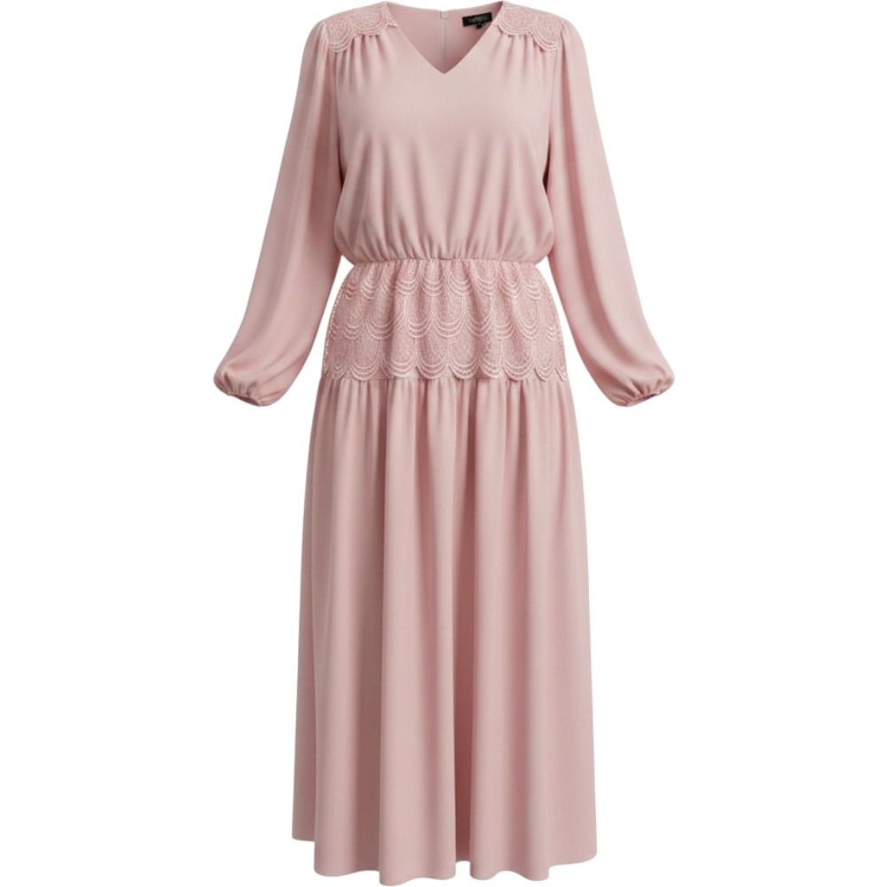 Gilberti Midi Dress Women 14 Pink Good Vintage Lace Trim V-Neck Long Sleeve